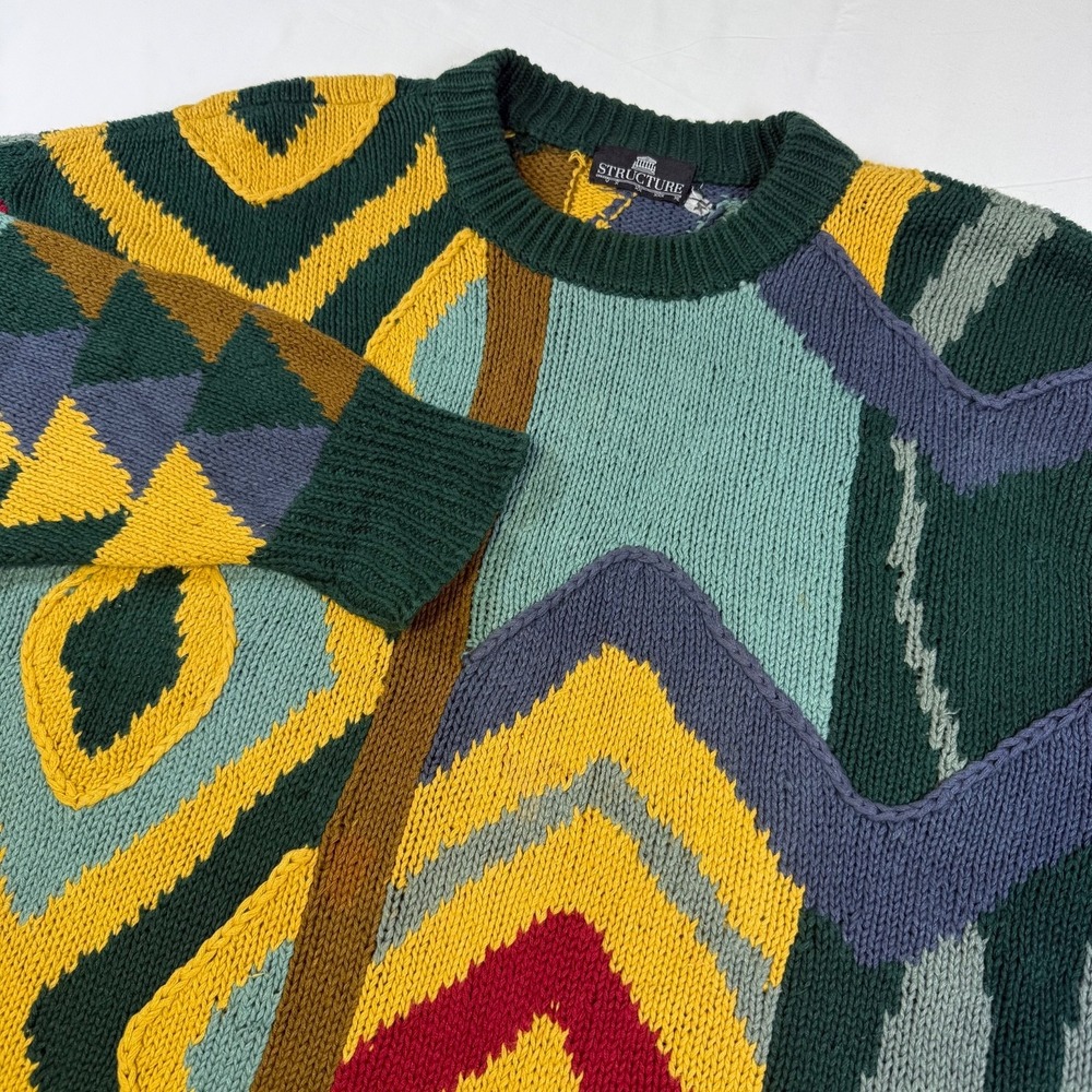 Vintage 90s Structure Sweater Mens XL Whimsical Colorful Chunky Knit Abstract 3D